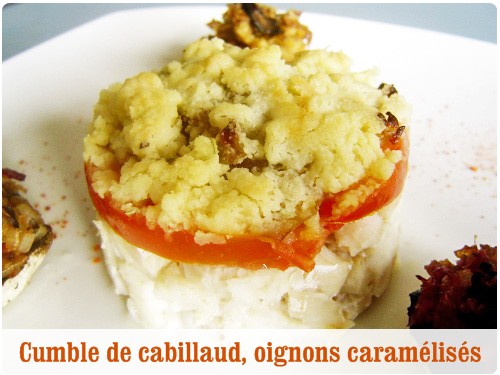 crumble-cabillaud2 Crumble de cabillaud, oignons caramélisés au balsamique et champignons farcis au chorizo