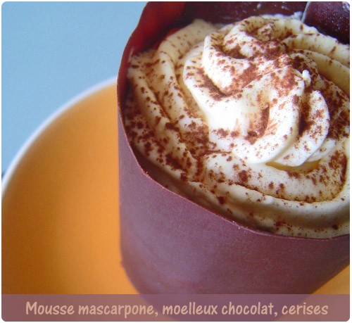 delice-mascarpone-cerise-chocolat Mousse mascarpone en coque chocolatée sur moelleux au chocolat et cerises au sirop