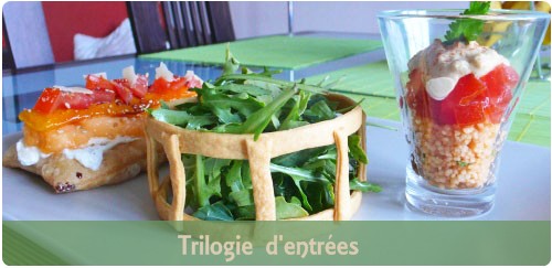trio-entree-vue-ensemble1 Tartine feuilletée, verrine de taboulé à l’houmous et roquette en cage : Trio d’entrée estivale
