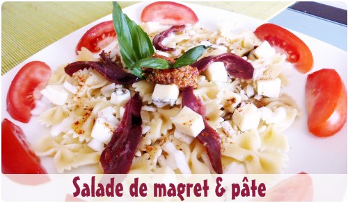 salade-pate-magret21 Salade de farfalles au magret de canard séché et morbier, quenelles de pesto