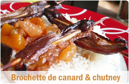 brochette-canard Brochettes de magret, chutney pêches / poires