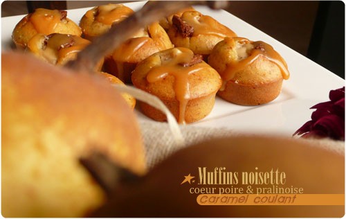 muffin-noisette-poire Mini muffins à la noisette, coeur poires & pralinoise