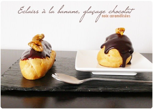 eclair-banane-chocolat Eclairs à la banane, glaçage chocolat et noix caramélisées